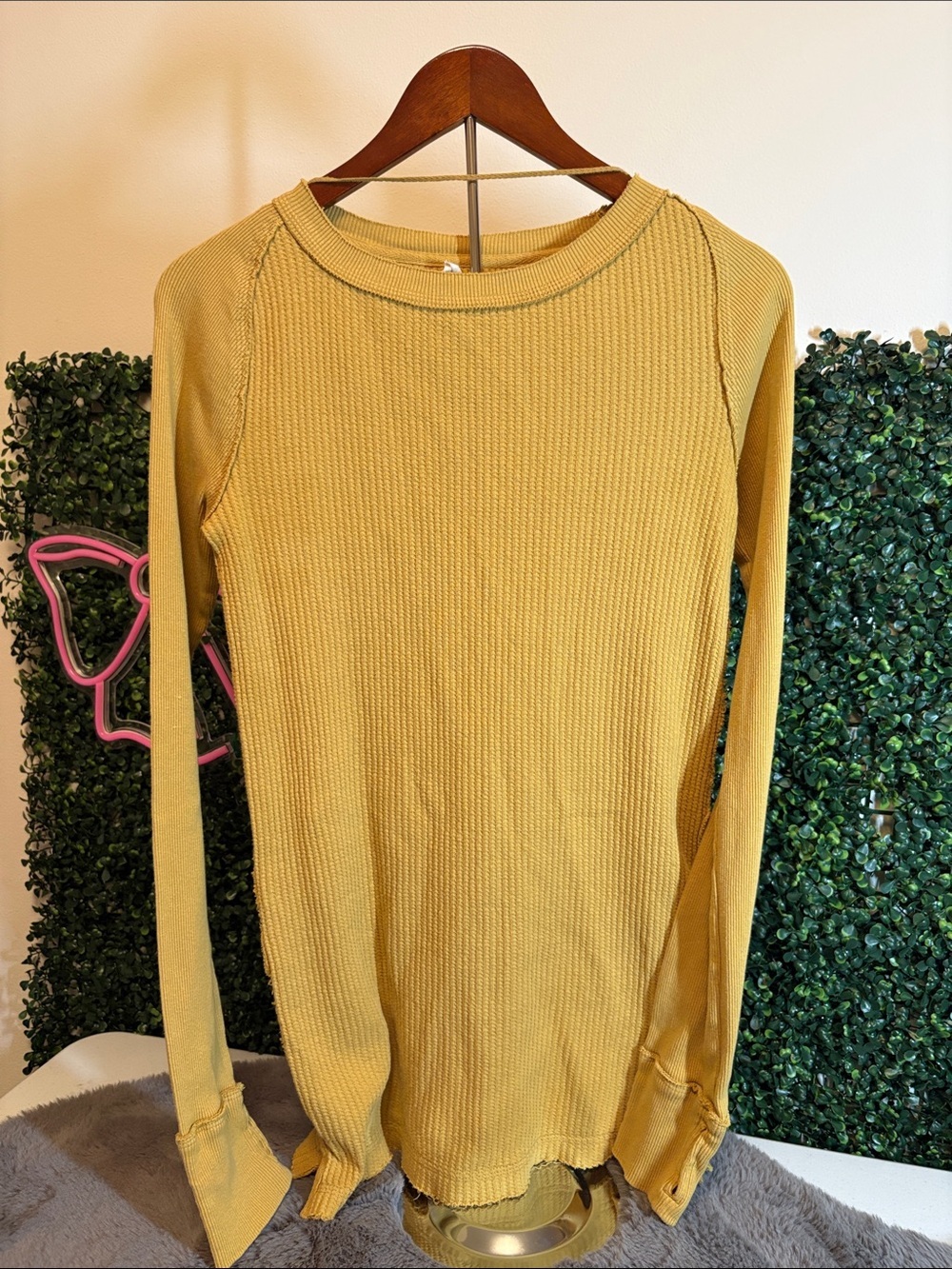 We The Free Mustard Waffle Knit Long Sleeve Top Size Small